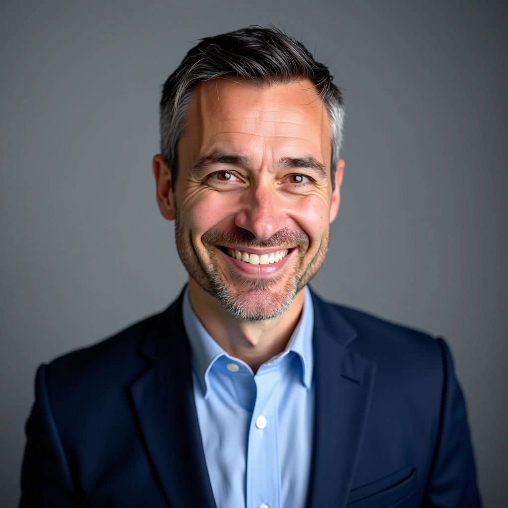 Michel Beaumont, Expert Senior en Entretien Automobile, portrait professionnel en costume bleu marine dans un atelier automobile moderne