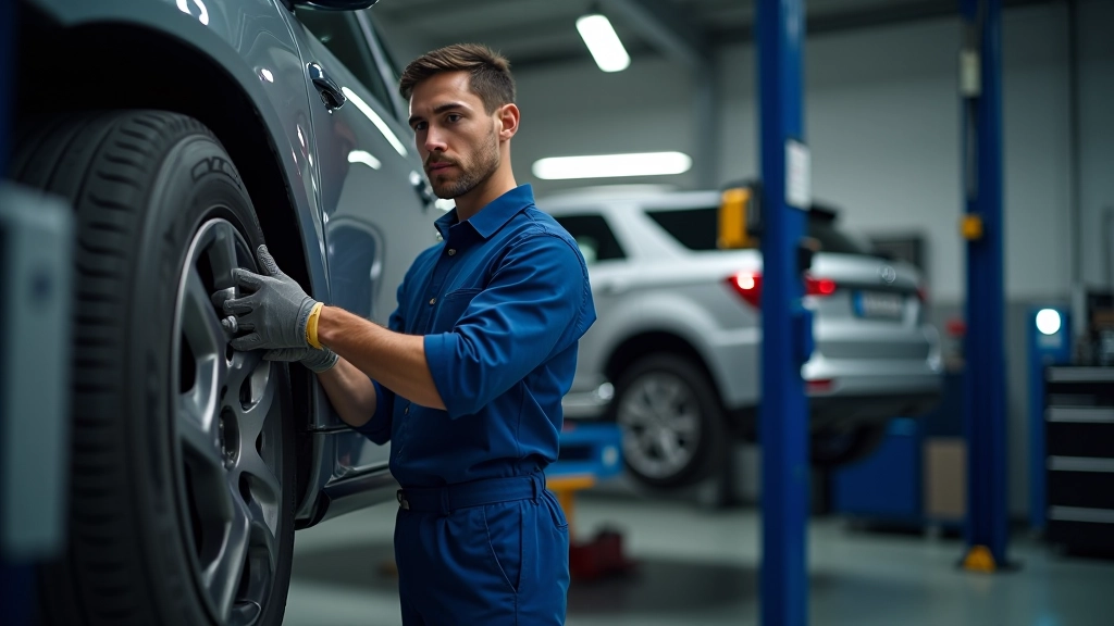 Atelier automobile avec pont élévateur et voiture en cours de vidange, mécanicien au travail