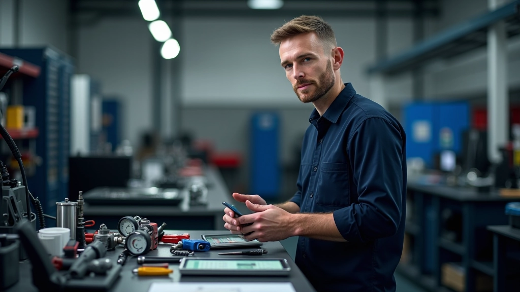 Atelier automobile moderne avec outils professionnels bien organisés, établi de travail avec manomètre et équipement de diagnostic, éclairage professionnel, ambiance professionnelle et soignée