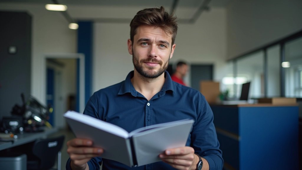 Propriétaire automobile consultant un guide d'entretien dans son garage lumineux