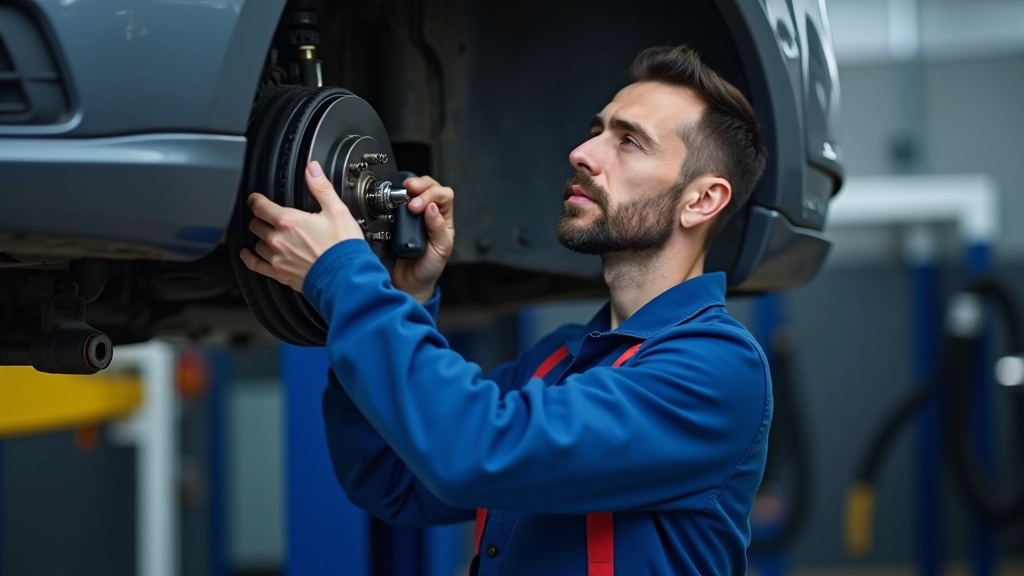 Mécanicien inspectant les freins d'une voiture lors d'une visite de maintenance préalable