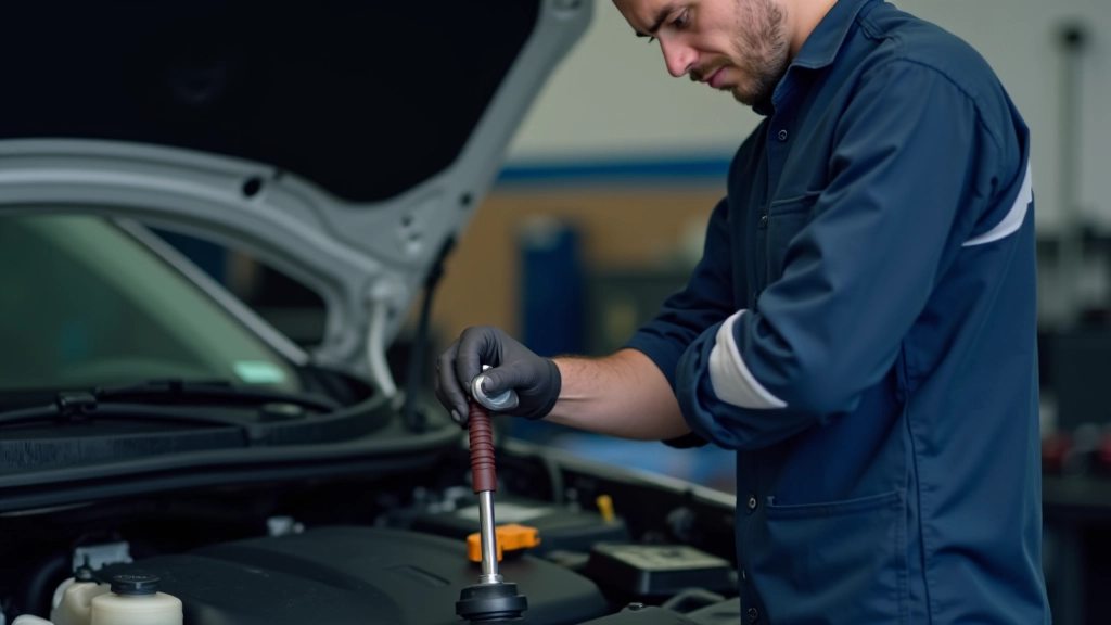 Mécanicien vérifiant le niveau d'huile moteur avec la jauge dans le compartiment moteur