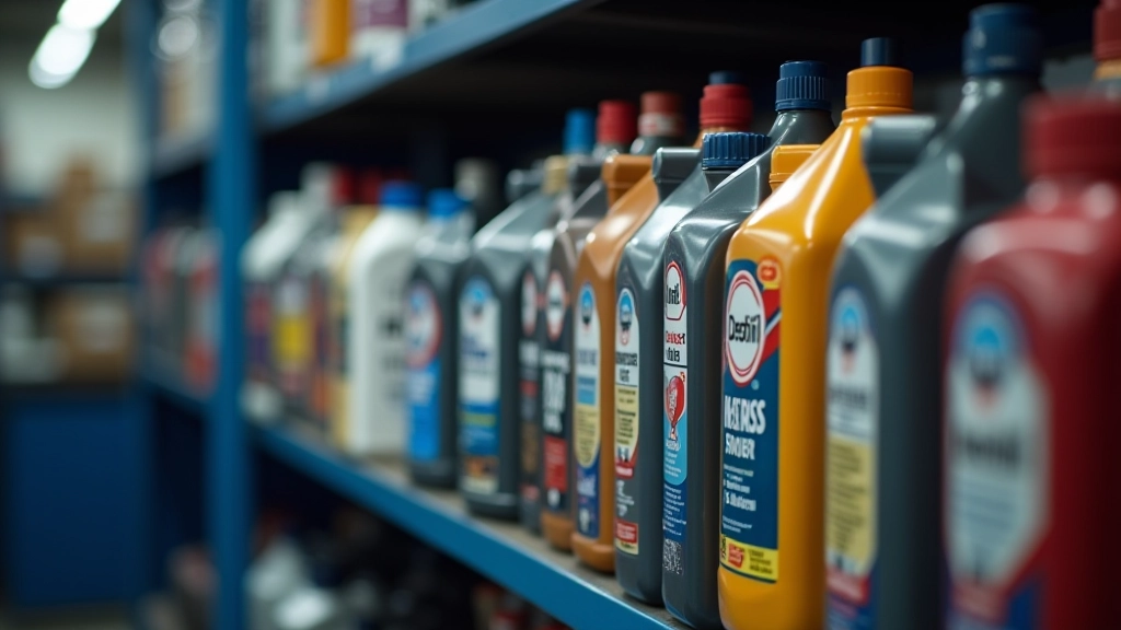 Bouteilles d'huile moteur de différentes marques et grades alignées sur une étagère d'atelier