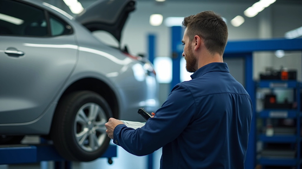 Centre de contrôle technique avec inspecteur examinant une voiture sur le pont de levage