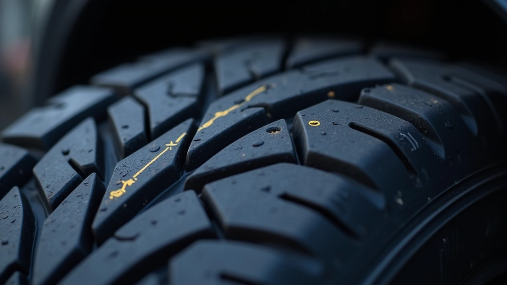 Gros plan sur la bande de roulement d'un pneu de voiture montrant l'usure et la profondeur des sculptures